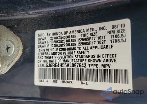 2010 Honda Cr-V Ex from USA, damaged, VIN 5J6RE4H55AL097643